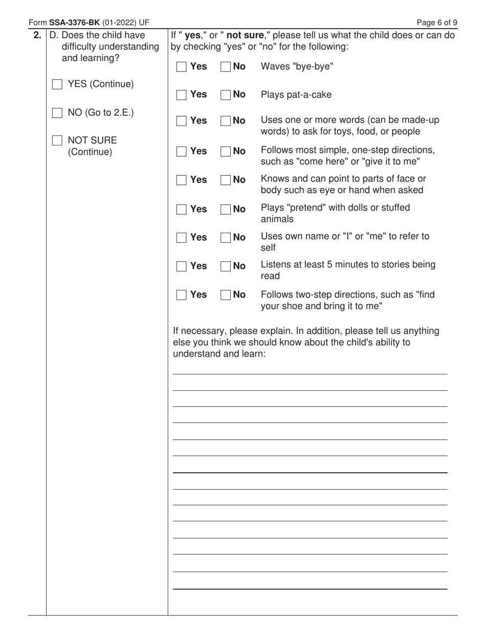 Form SSA3376BK Download Fillable PDF or Fill Online Function Report
