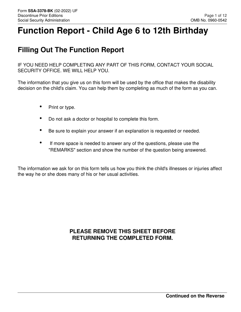 Form SSA-3378-BK Function Report - Child Age 6 to 12th Birthday, Page 1