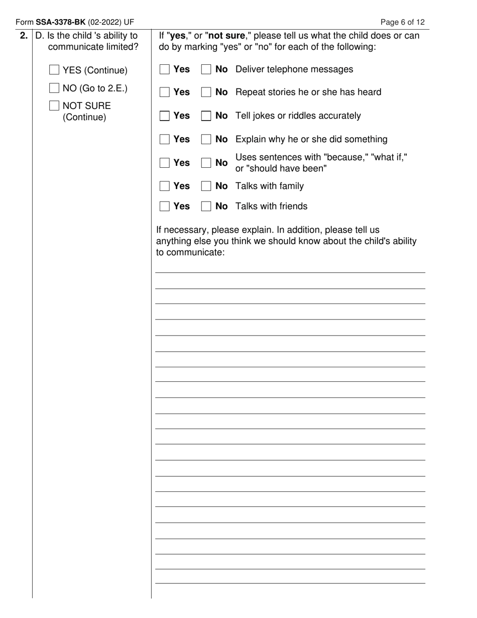 Form SSA3378BK Download Fillable PDF or Fill Online Function Report