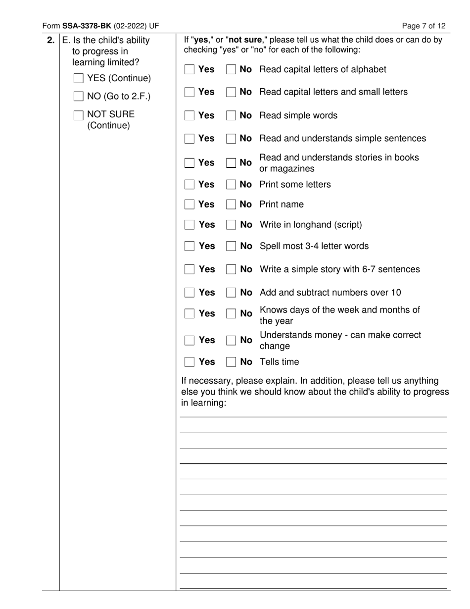 Form SSA-3378-BK Function Report - Child Age 6 to 12th Birthday, Page 7
