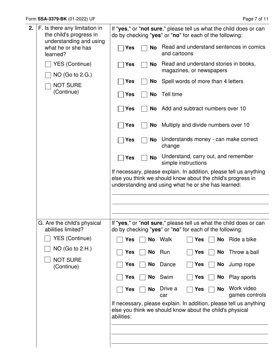 Form SSA-3379-BK Download Fillable PDF or Fill Online Function Report ...