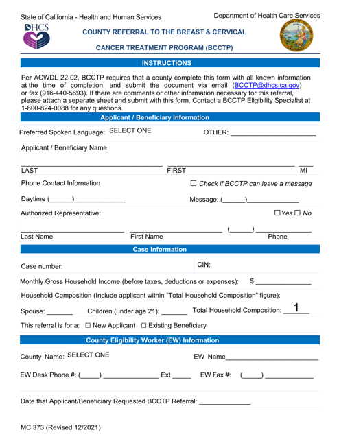 Form MC373 County Referral to the Breast and Cervical Cancer Treatment Program (Bcctp) - California