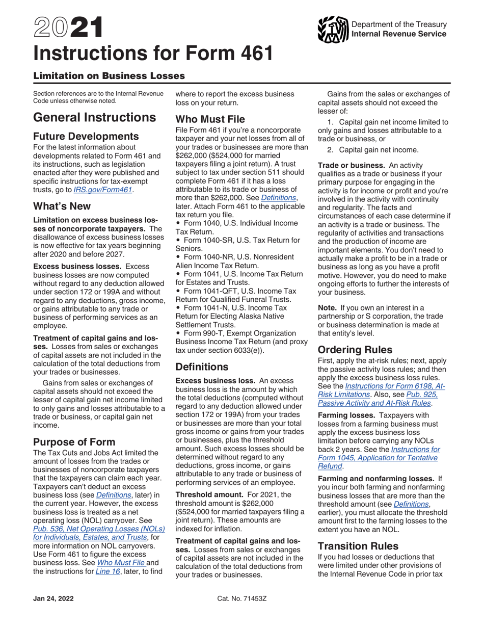 Instructions for IRS Form 461 Limitation on Business Losses, Page 1