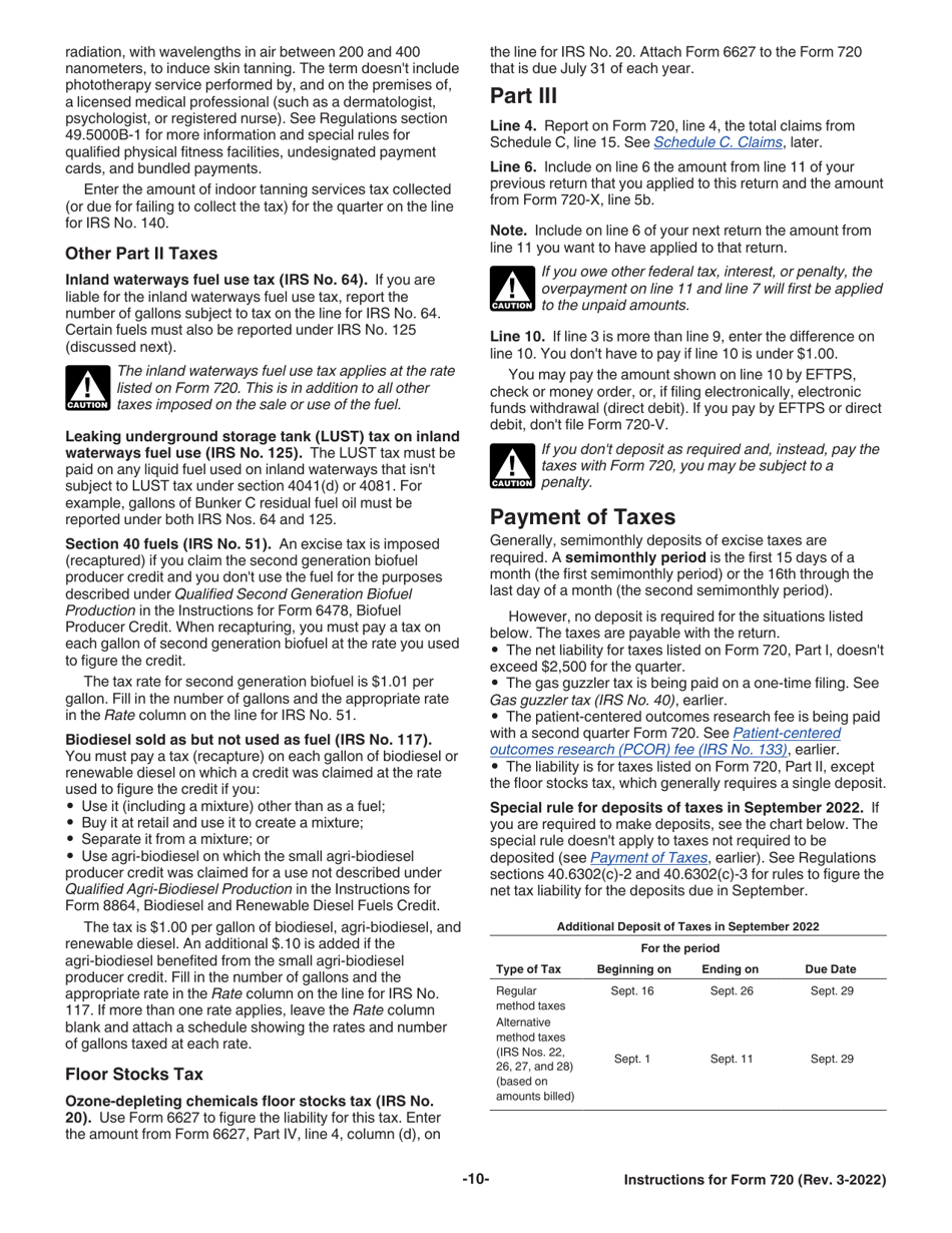 Instructions for IRS Form 720 Quarterly Federal Excise Tax Return, Page 10