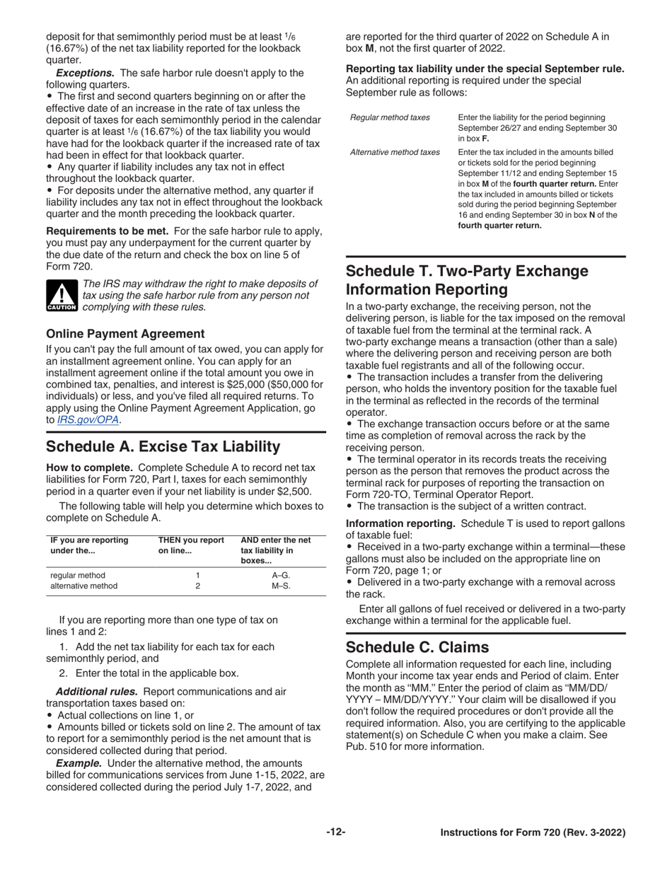 Instructions for IRS Form 720 Quarterly Federal Excise Tax Return, Page 12
