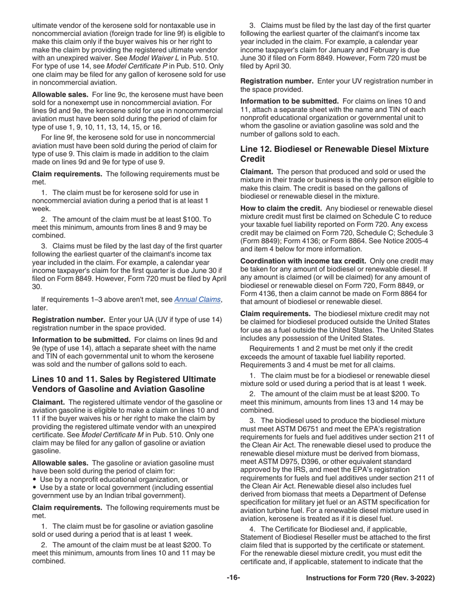 Instructions for IRS Form 720 Quarterly Federal Excise Tax Return, Page 16