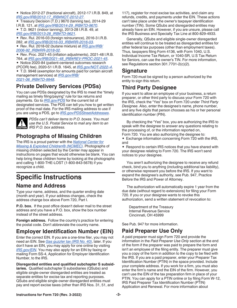 Instructions for IRS Form 720 Quarterly Federal Excise Tax Return, Page 3