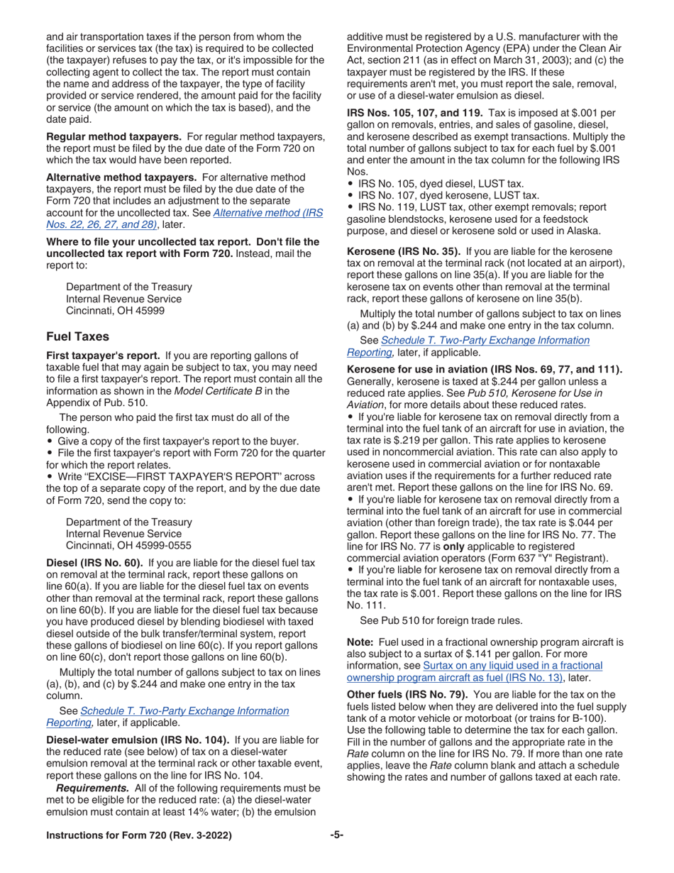 Instructions for IRS Form 720 Quarterly Federal Excise Tax Return, Page 5