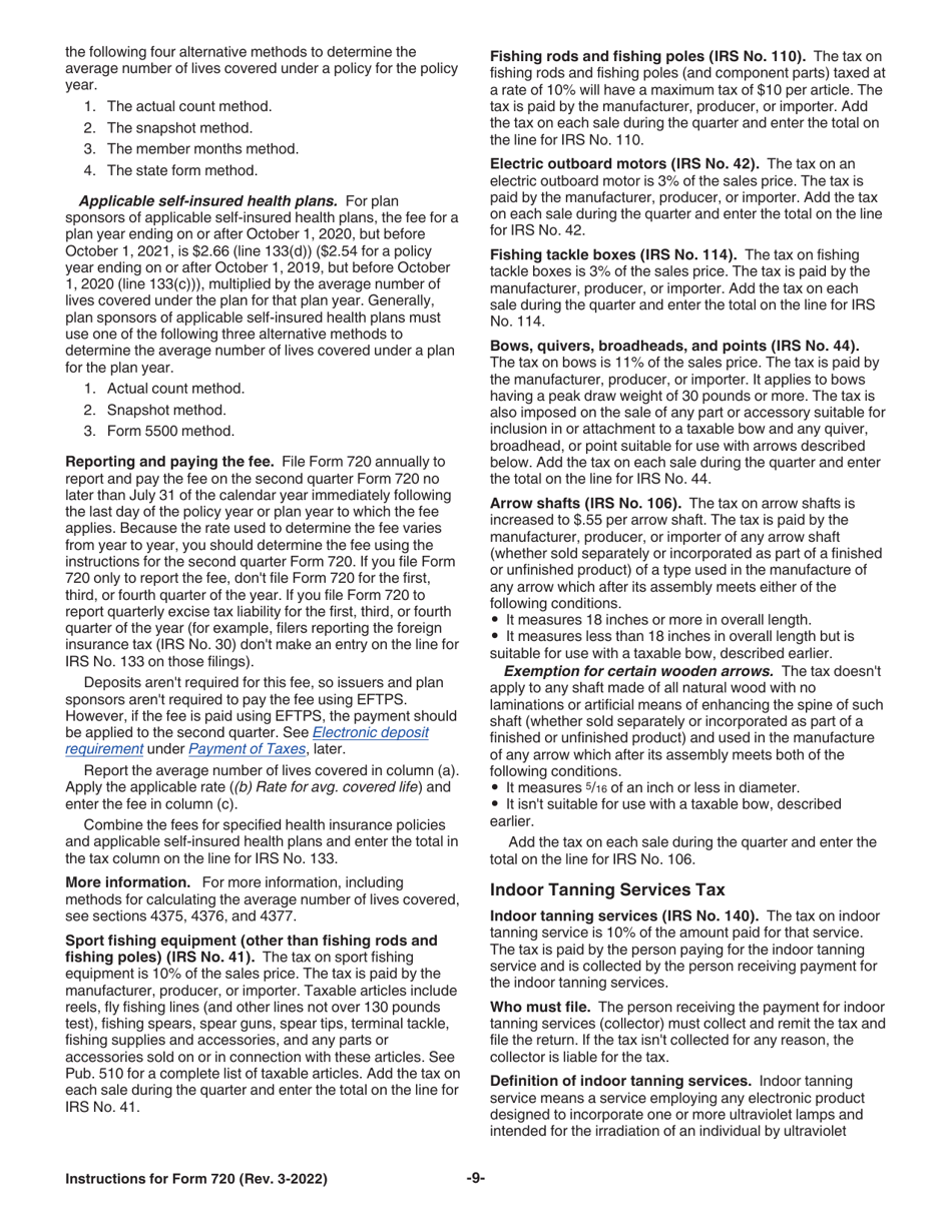 Instructions for IRS Form 720 Quarterly Federal Excise Tax Return, Page 9