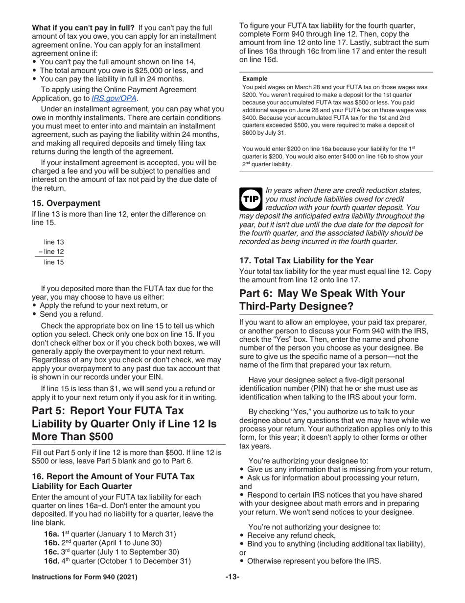 Instructions for IRS Form 940 Employers Annual Federal Unemployment (Futa) Tax Return, Page 13