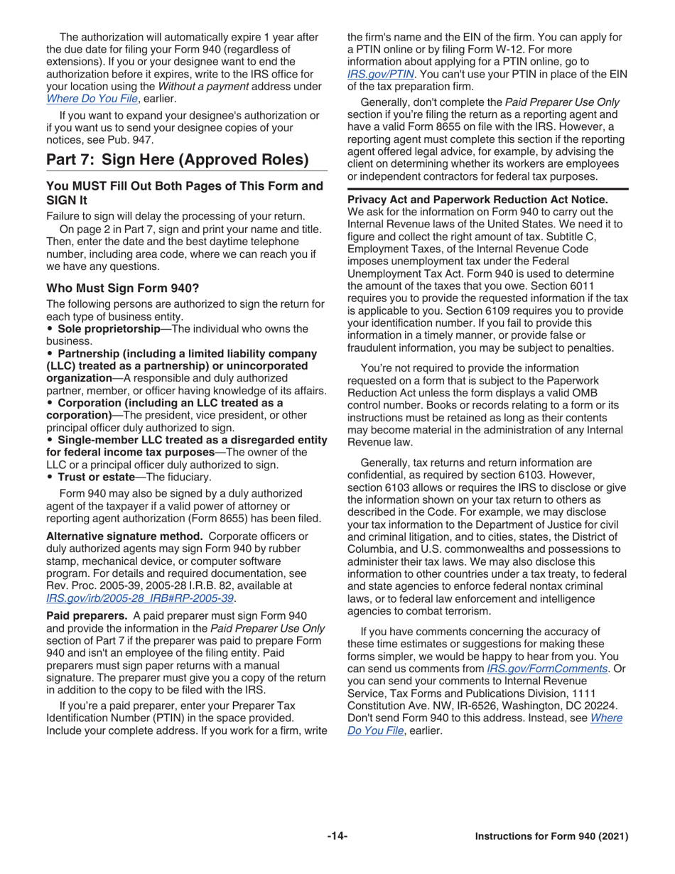 Instructions for IRS Form 940 Employers Annual Federal Unemployment (Futa) Tax Return, Page 14