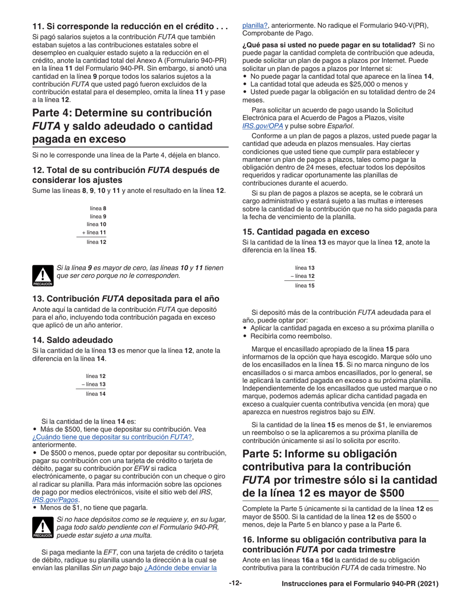 Instrucciones para IRS Formulario 940-PR Planilla Para La Declaracion Federal Anual Del Patrono De La Contribucion Federal Para El Desempleo (Futa) (Puerto Rican Spanish), Page 12