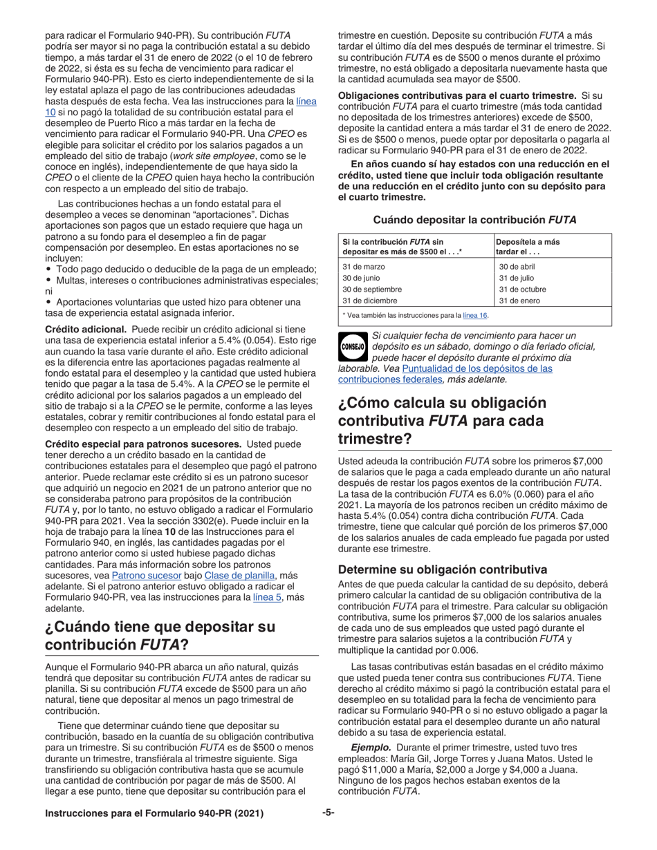 Instrucciones para IRS Formulario 940-PR Planilla Para La Declaracion Federal Anual Del Patrono De La Contribucion Federal Para El Desempleo (Futa) (Puerto Rican Spanish), Page 5