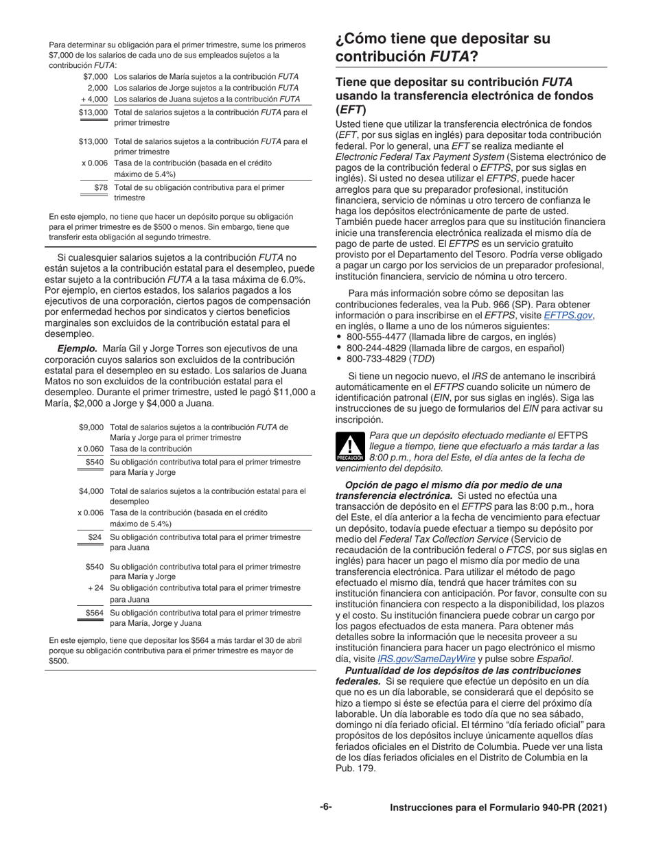 Instrucciones para IRS Formulario 940-PR Planilla Para La Declaracion Federal Anual Del Patrono De La Contribucion Federal Para El Desempleo (Futa) (Puerto Rican Spanish), Page 6