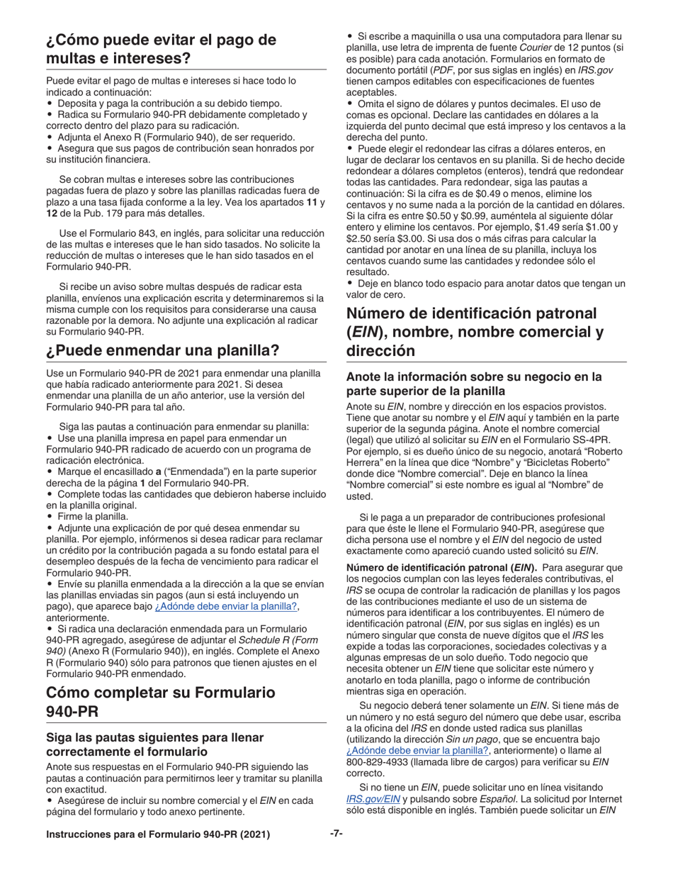 Instrucciones para IRS Formulario 940-PR Planilla Para La Declaracion Federal Anual Del Patrono De La Contribucion Federal Para El Desempleo (Futa) (Puerto Rican Spanish), Page 7