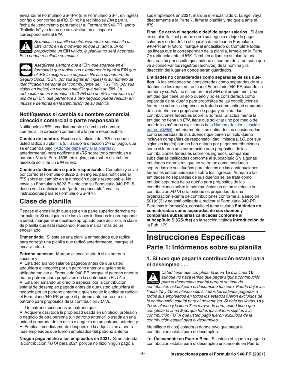 Instrucciones para IRS Formulario 940-PR Planilla Para La Declaracion Federal Anual Del Patrono De La Contribucion Federal Para El Desempleo (Futa) (Puerto Rican Spanish), Page 8