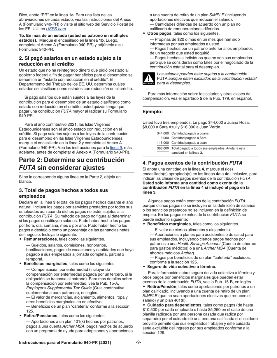 Instrucciones para IRS Formulario 940-PR Planilla Para La Declaracion Federal Anual Del Patrono De La Contribucion Federal Para El Desempleo (Futa) (Puerto Rican Spanish), Page 9