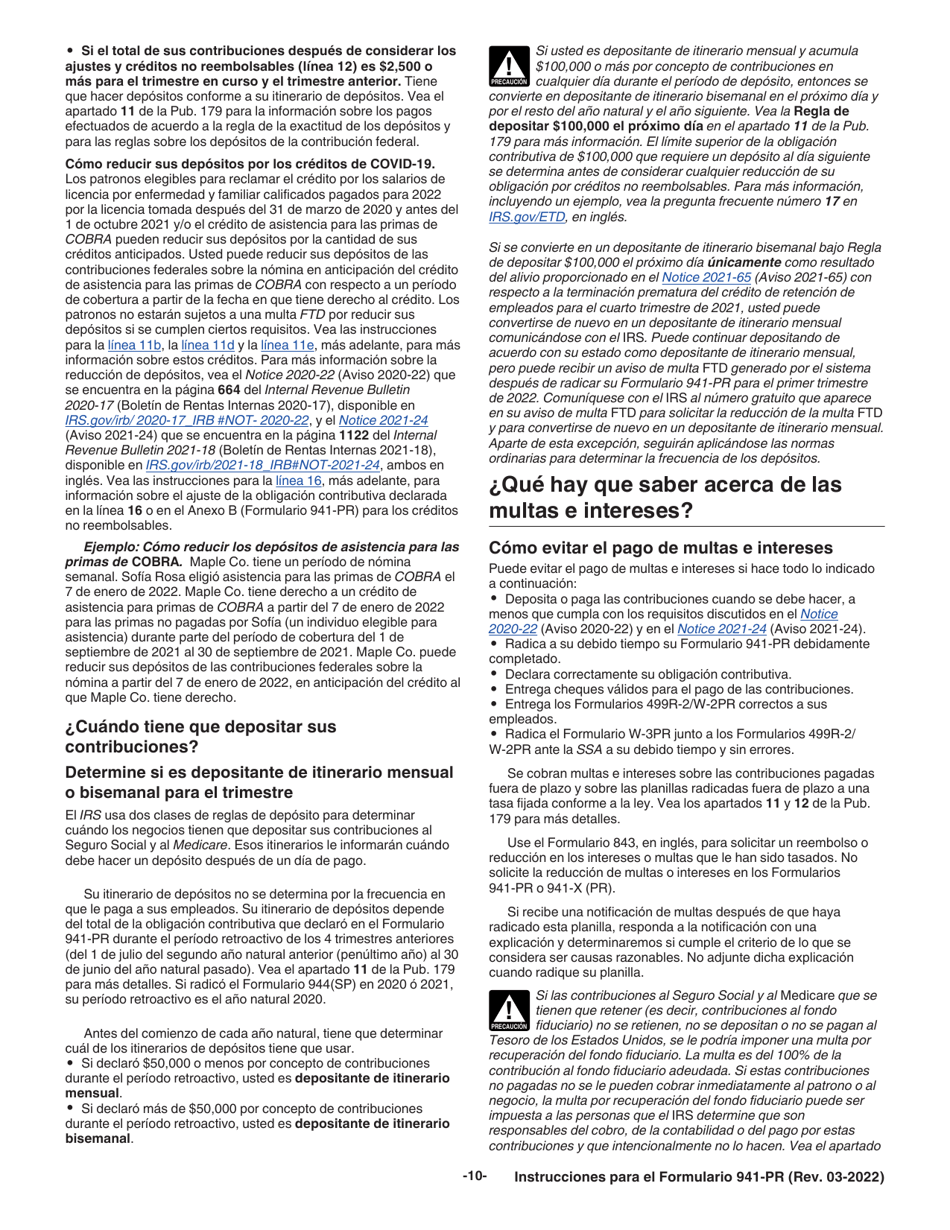 Instrucciones para IRS Formulario 941-PR Planilla Para La Declaracion Federal Trimestral Del Patrono (Puerto Rican Spanish), Page 10