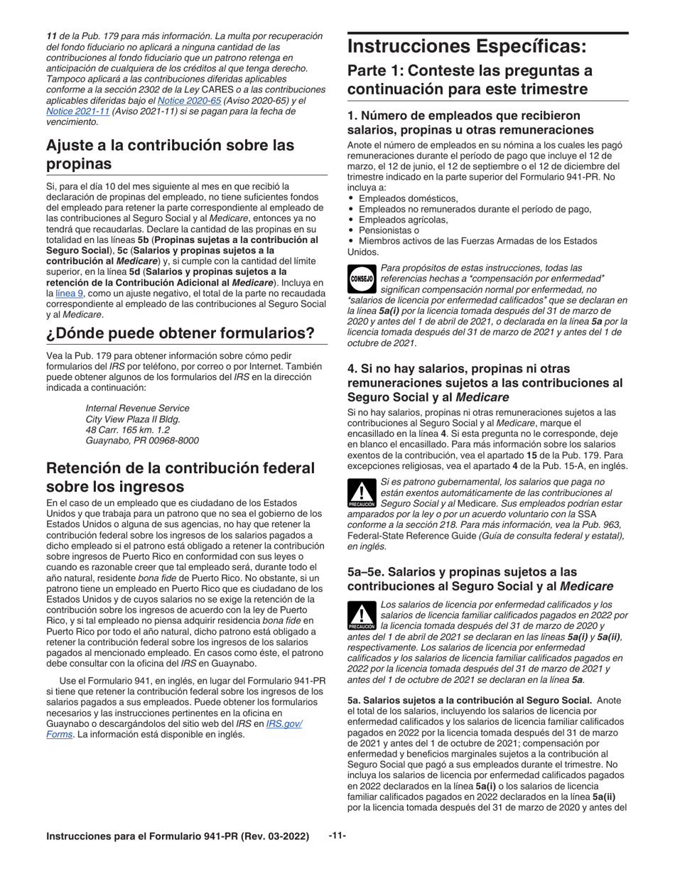 Instrucciones para IRS Formulario 941-PR Planilla Para La Declaracion Federal Trimestral Del Patrono (Puerto Rican Spanish), Page 11