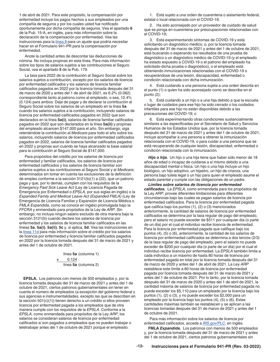 Instrucciones para IRS Formulario 941-PR Planilla Para La Declaracion Federal Trimestral Del Patrono (Puerto Rican Spanish), Page 12