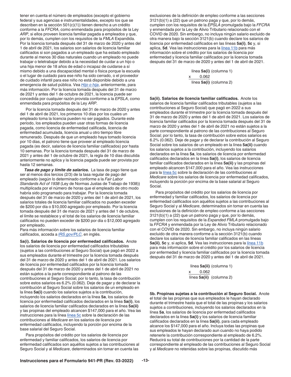 Instrucciones para IRS Formulario 941-PR Planilla Para La Declaracion Federal Trimestral Del Patrono (Puerto Rican Spanish), Page 13