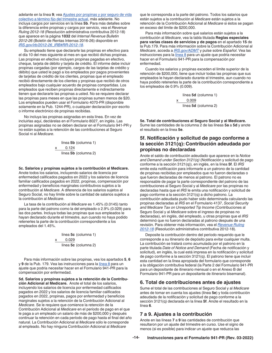Instrucciones para IRS Formulario 941-PR Planilla Para La Declaracion Federal Trimestral Del Patrono (Puerto Rican Spanish), Page 14
