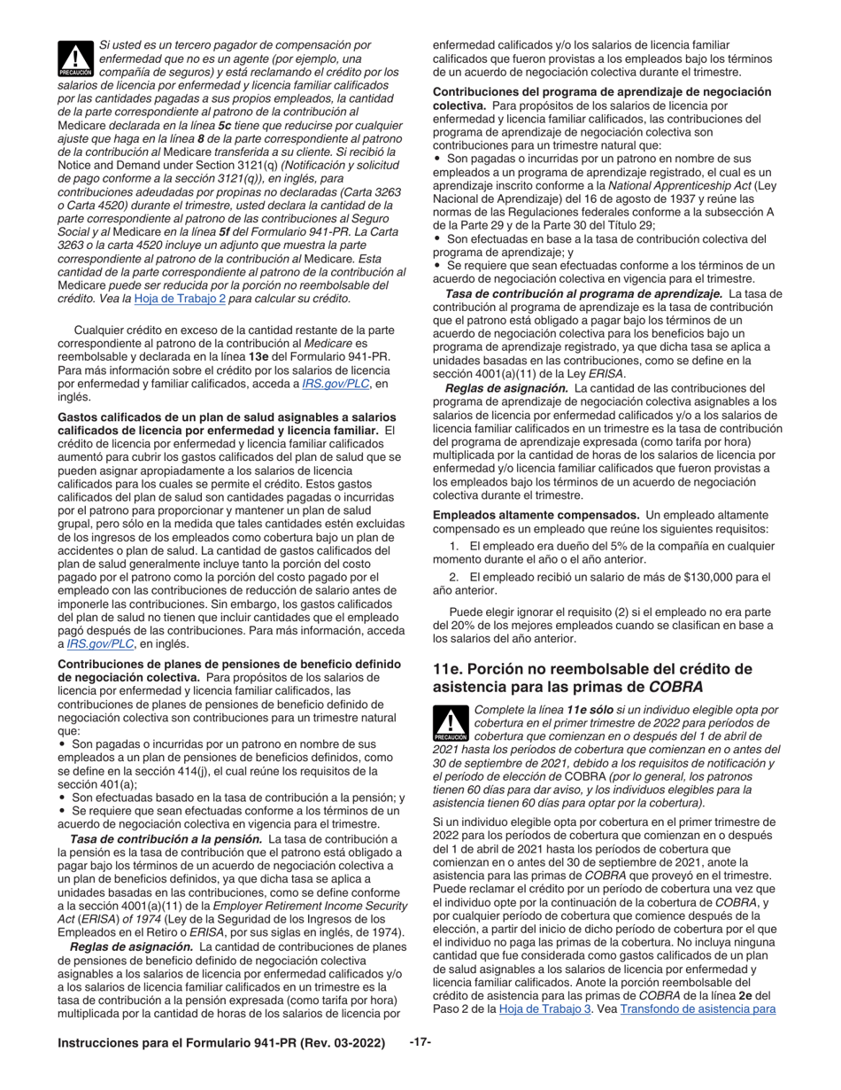 Instrucciones para IRS Formulario 941-PR Planilla Para La Declaracion Federal Trimestral Del Patrono (Puerto Rican Spanish), Page 17