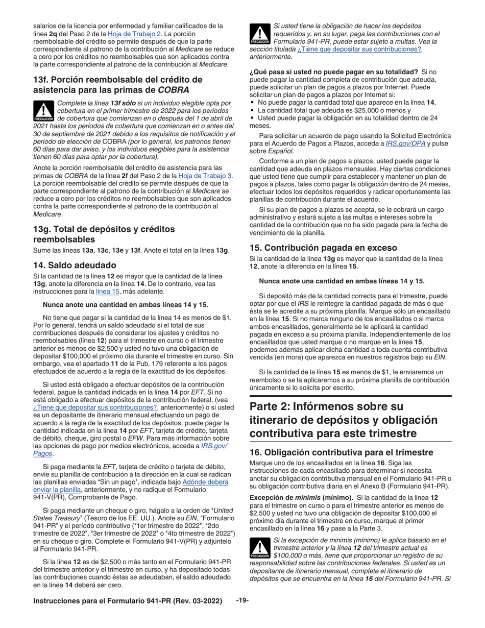 Instrucciones para IRS Formulario 941-PR Planilla Para La Declaracion Federal Trimestral Del Patrono (Puerto Rican Spanish), Page 19