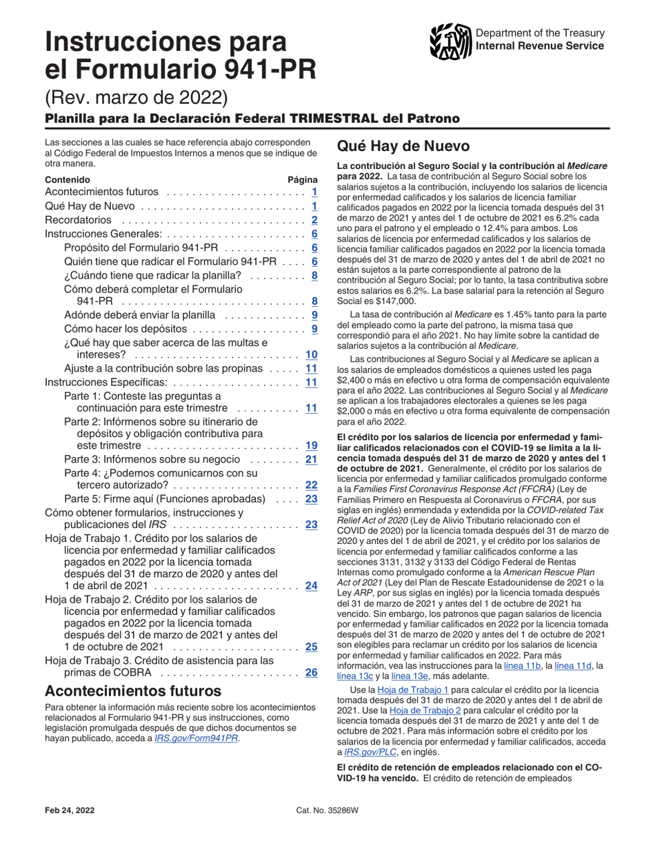 Instrucciones para IRS Formulario 941-PR Planilla Para La Declaracion Federal Trimestral Del Patrono (Puerto Rican Spanish), Page 1