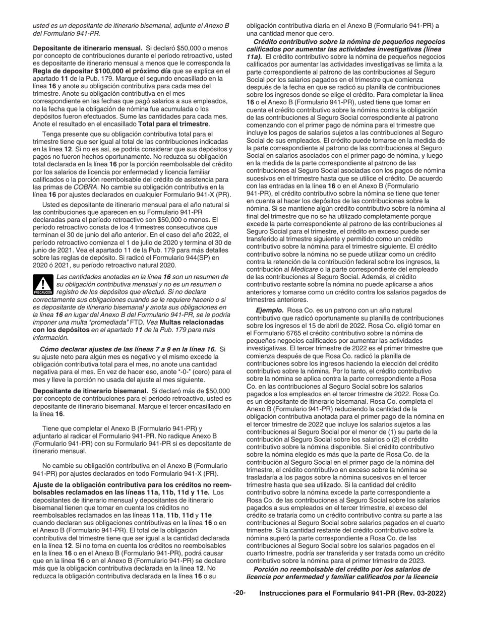 Instrucciones para IRS Formulario 941-PR Planilla Para La Declaracion Federal Trimestral Del Patrono (Puerto Rican Spanish), Page 20