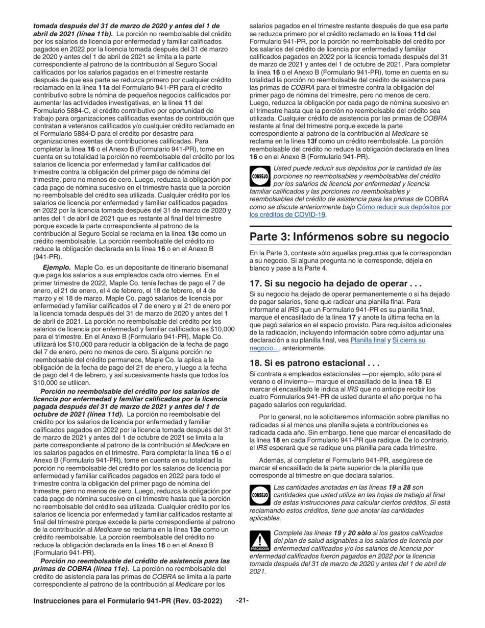 Instrucciones para IRS Formulario 941-PR Planilla Para La Declaracion Federal Trimestral Del Patrono (Puerto Rican Spanish), Page 21