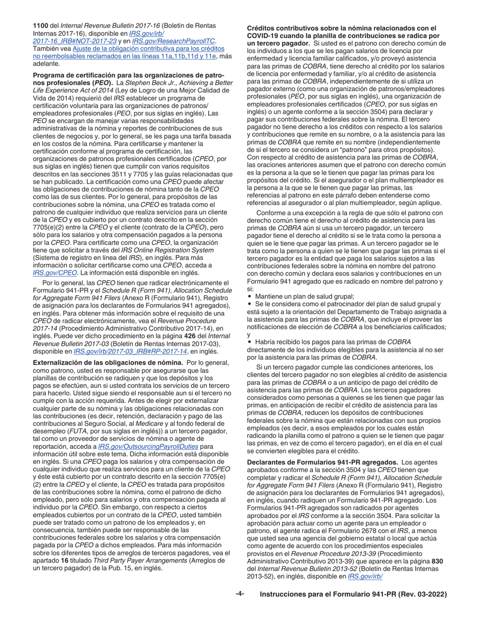 Instrucciones para IRS Formulario 941-PR Planilla Para La Declaracion Federal Trimestral Del Patrono (Puerto Rican Spanish), Page 4