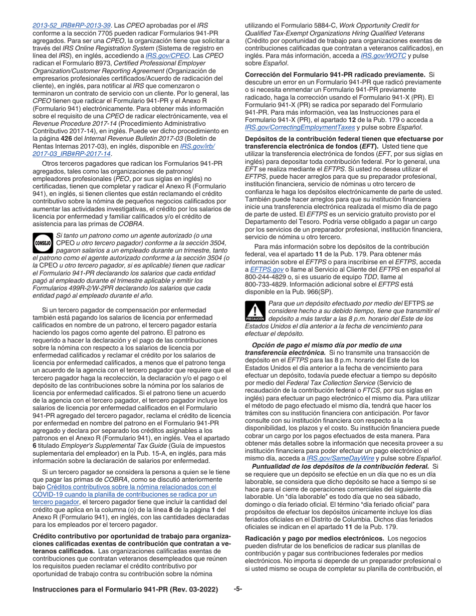 Instrucciones para IRS Formulario 941-PR Planilla Para La Declaracion Federal Trimestral Del Patrono (Puerto Rican Spanish), Page 5