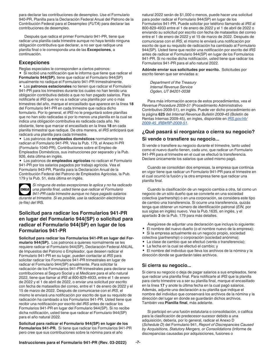 Instrucciones para IRS Formulario 941-PR Planilla Para La Declaracion Federal Trimestral Del Patrono (Puerto Rican Spanish), Page 7