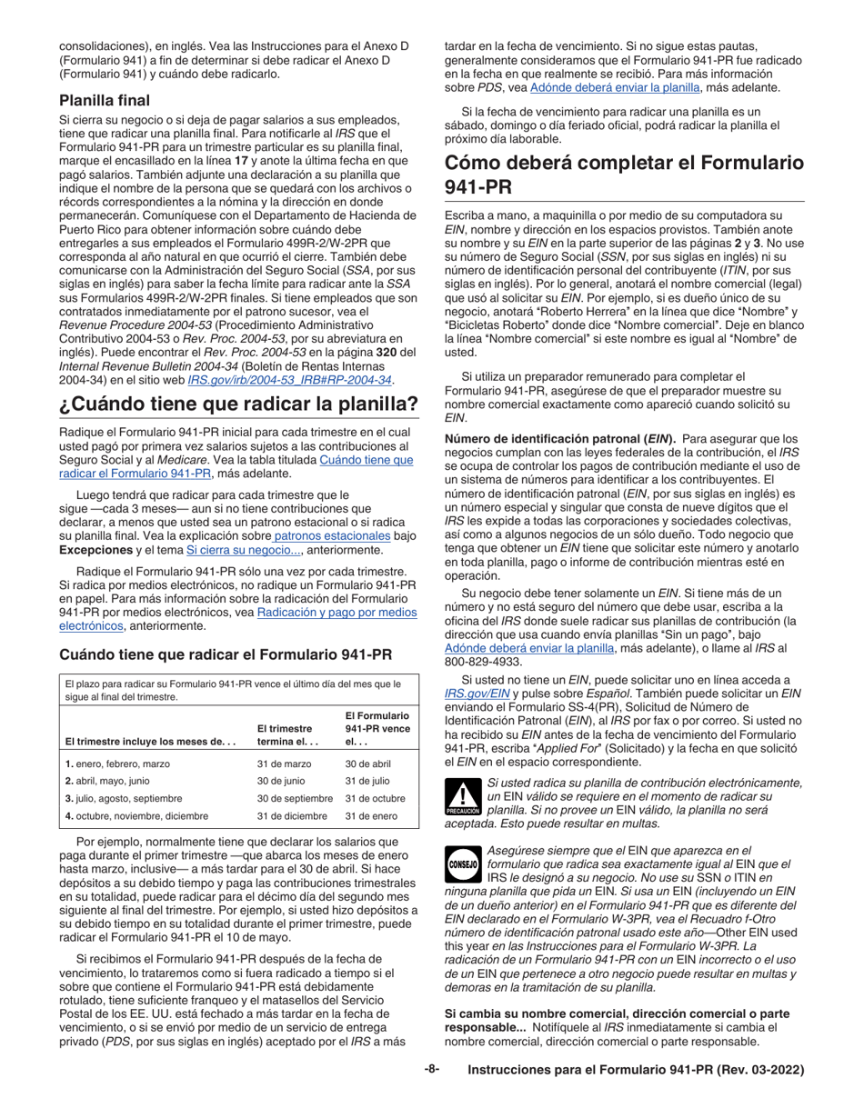 Instrucciones para IRS Formulario 941-PR Planilla Para La Declaracion Federal Trimestral Del Patrono (Puerto Rican Spanish), Page 8