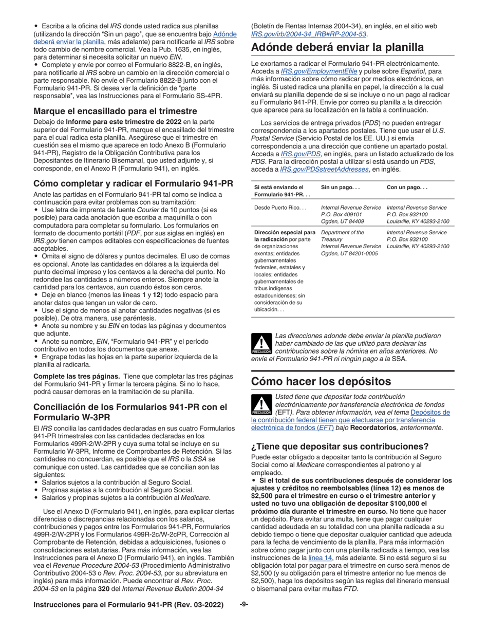 Instrucciones para IRS Formulario 941-PR Planilla Para La Declaracion Federal Trimestral Del Patrono (Puerto Rican Spanish), Page 9