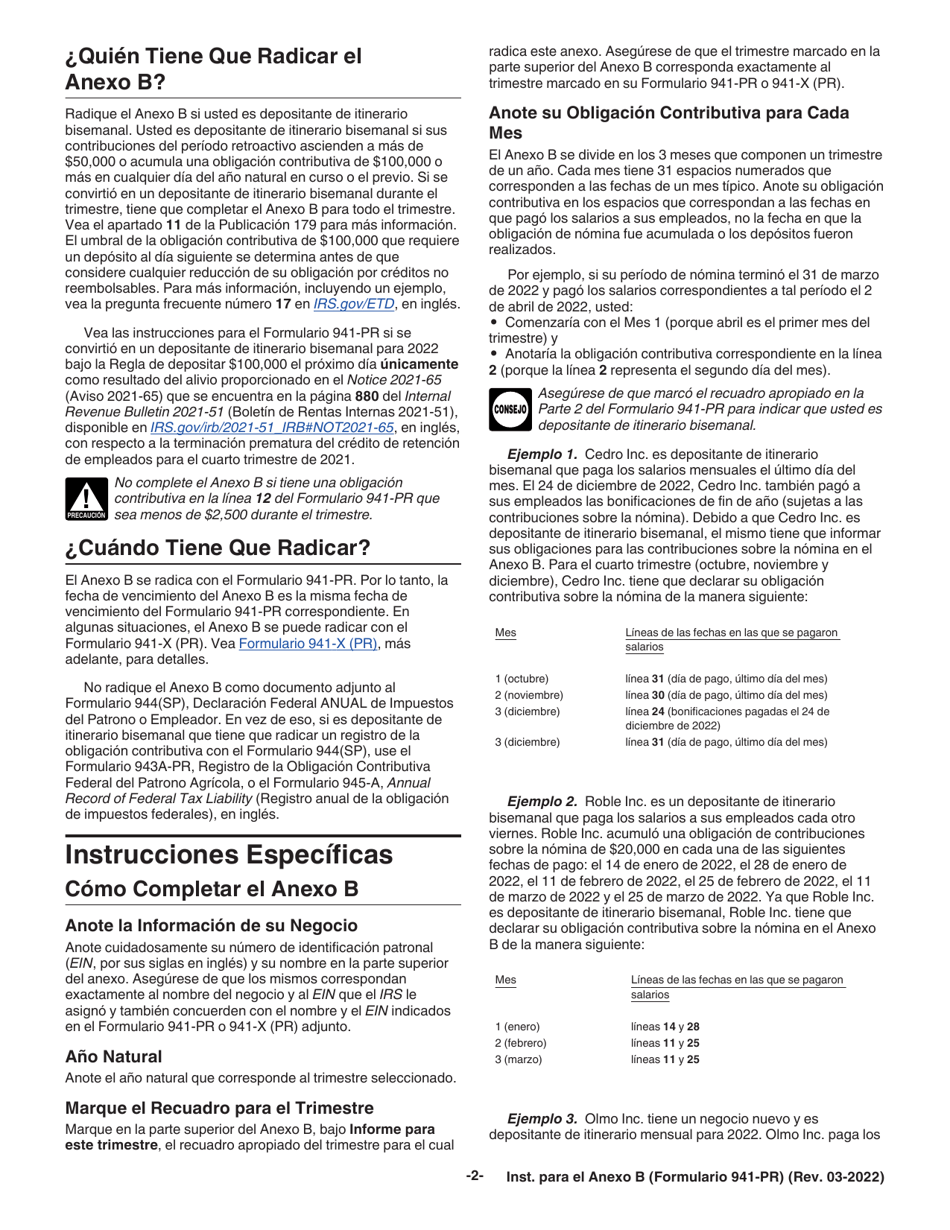 Instrucciones para IRS Formulario 941-PR Anexo B Registro De La Obligacion Contributiva Para Los Depositantes De Itinerario Bisemanal (Puerto Rican Spanish), Page 2