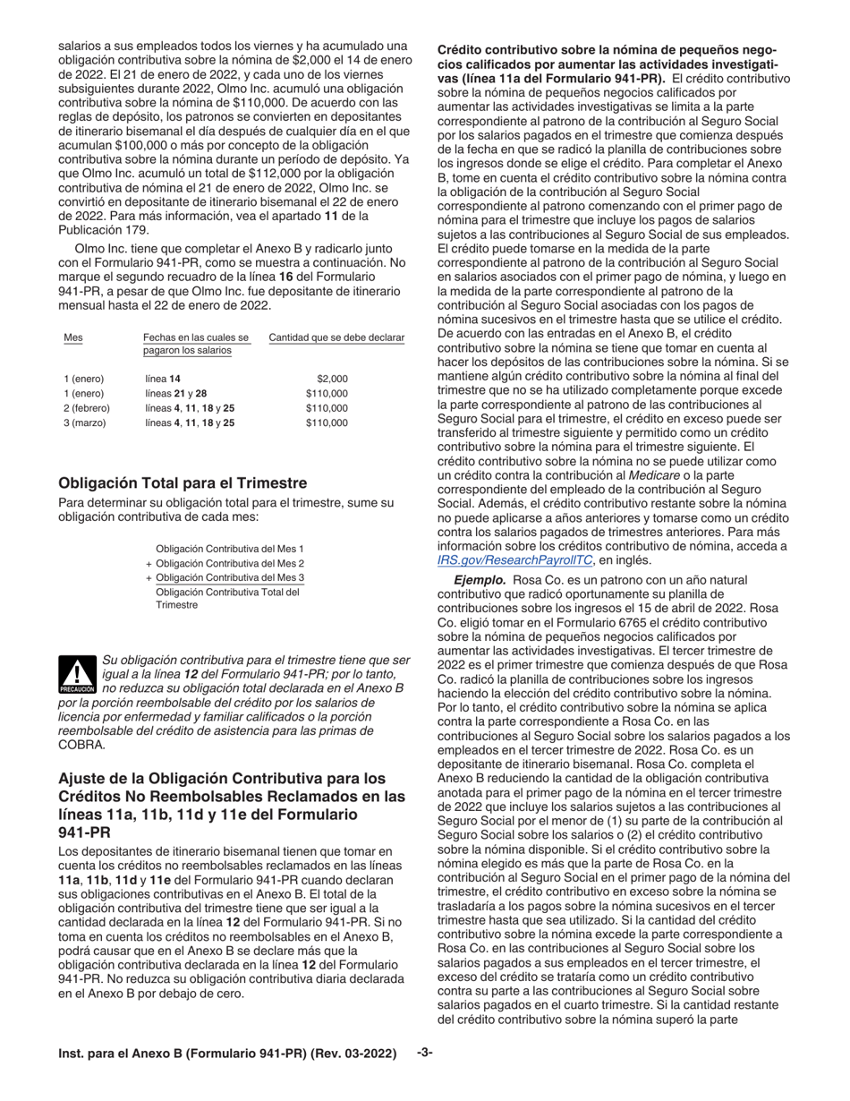 Instrucciones para IRS Formulario 941-PR Anexo B Registro De La Obligacion Contributiva Para Los Depositantes De Itinerario Bisemanal (Puerto Rican Spanish), Page 3