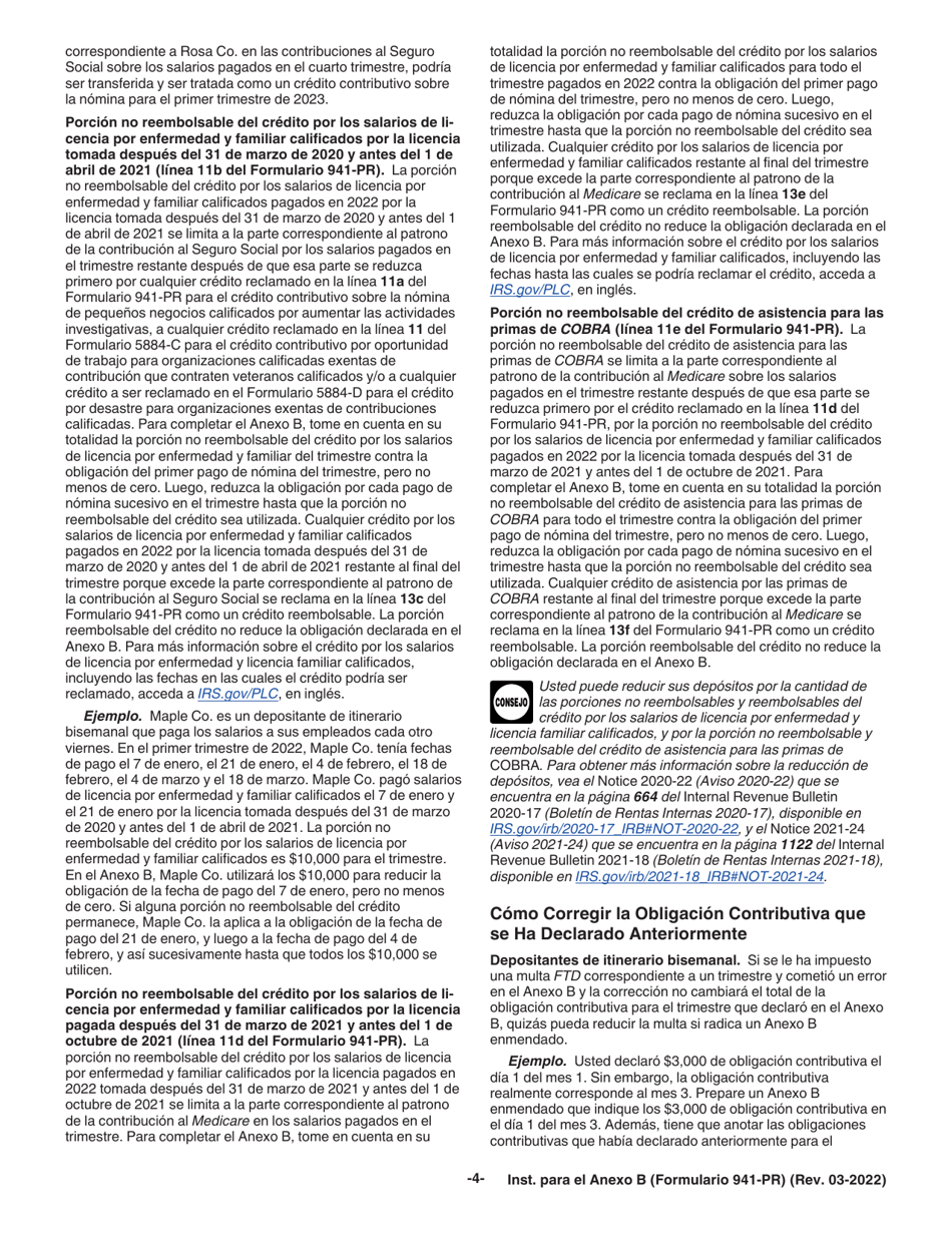 Instrucciones para IRS Formulario 941-PR Anexo B Registro De La Obligacion Contributiva Para Los Depositantes De Itinerario Bisemanal (Puerto Rican Spanish), Page 4