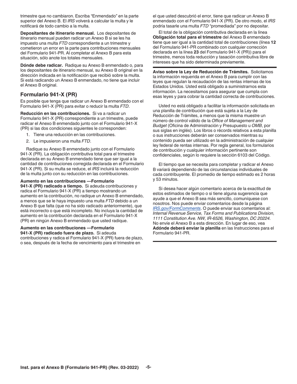 Instrucciones para IRS Formulario 941-PR Anexo B Registro De La Obligacion Contributiva Para Los Depositantes De Itinerario Bisemanal (Puerto Rican Spanish), Page 5