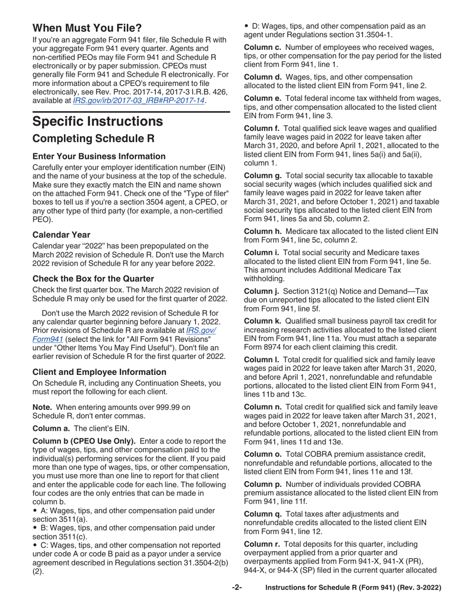 Instructions for IRS Form 941 Schedule R Allocation Schedule for Aggregate Form 941 Filers, Page 2