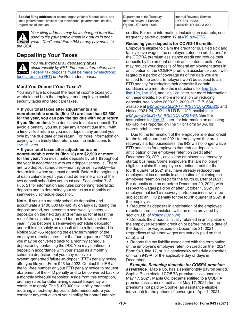 Instructions for IRS Form 943 Employers Annual Federal Tax Return for Agricultural Employees, Page 10