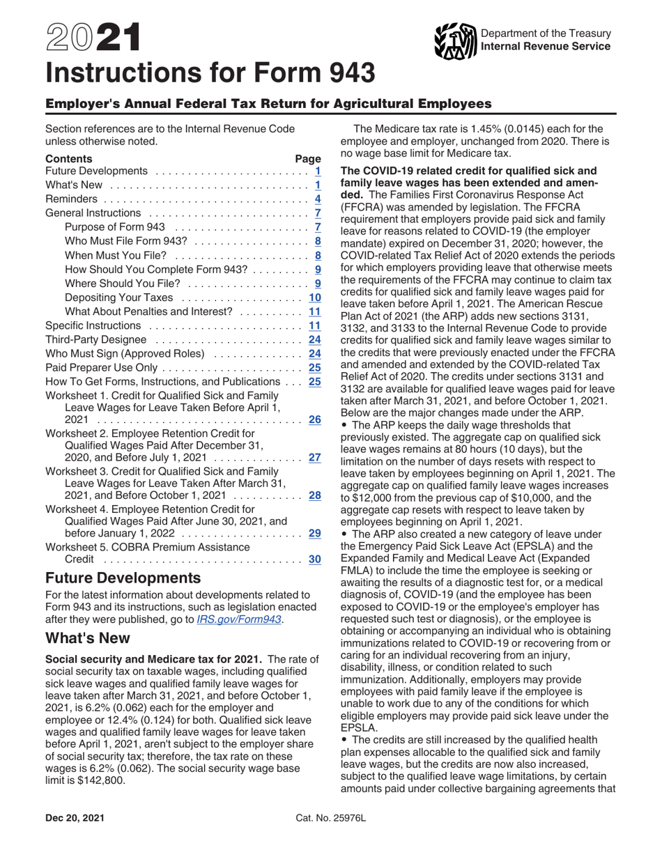 Instructions for IRS Form 943 Employers Annual Federal Tax Return for Agricultural Employees, Page 1