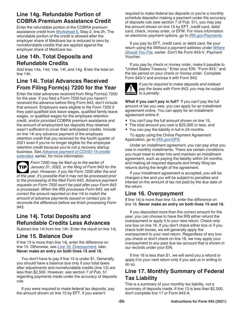 Instructions for IRS Form 943 Employers Annual Federal Tax Return for Agricultural Employees, Page 20