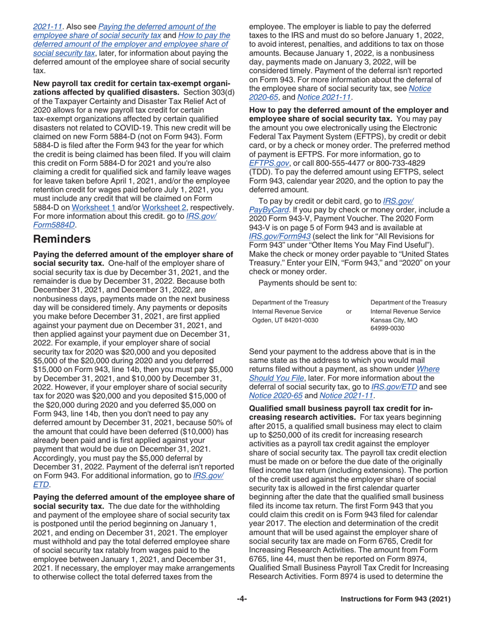 Instructions for IRS Form 943 Employers Annual Federal Tax Return for Agricultural Employees, Page 4