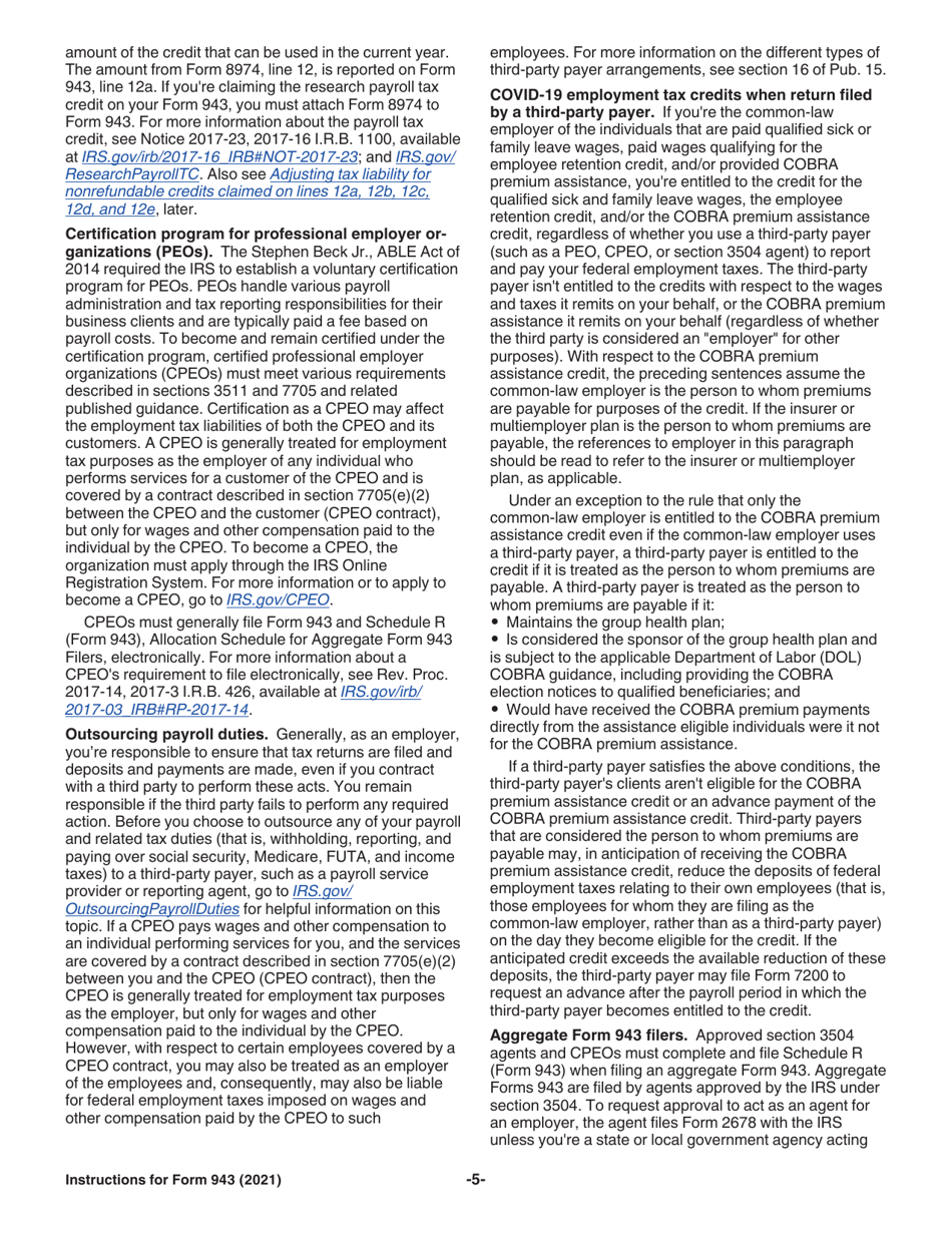 Instructions for IRS Form 943 Employers Annual Federal Tax Return for Agricultural Employees, Page 5