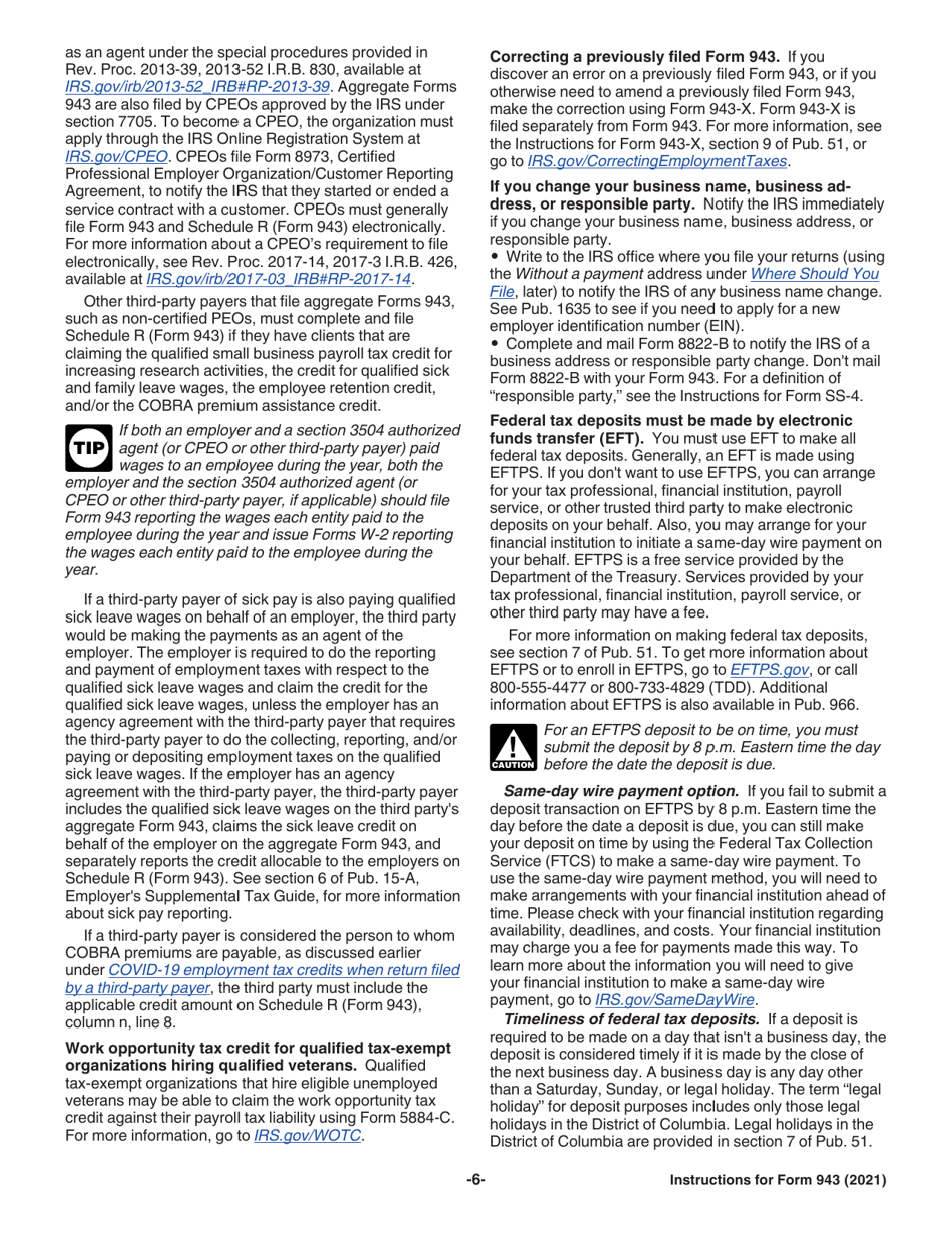 Instructions for IRS Form 943 Employers Annual Federal Tax Return for Agricultural Employees, Page 6