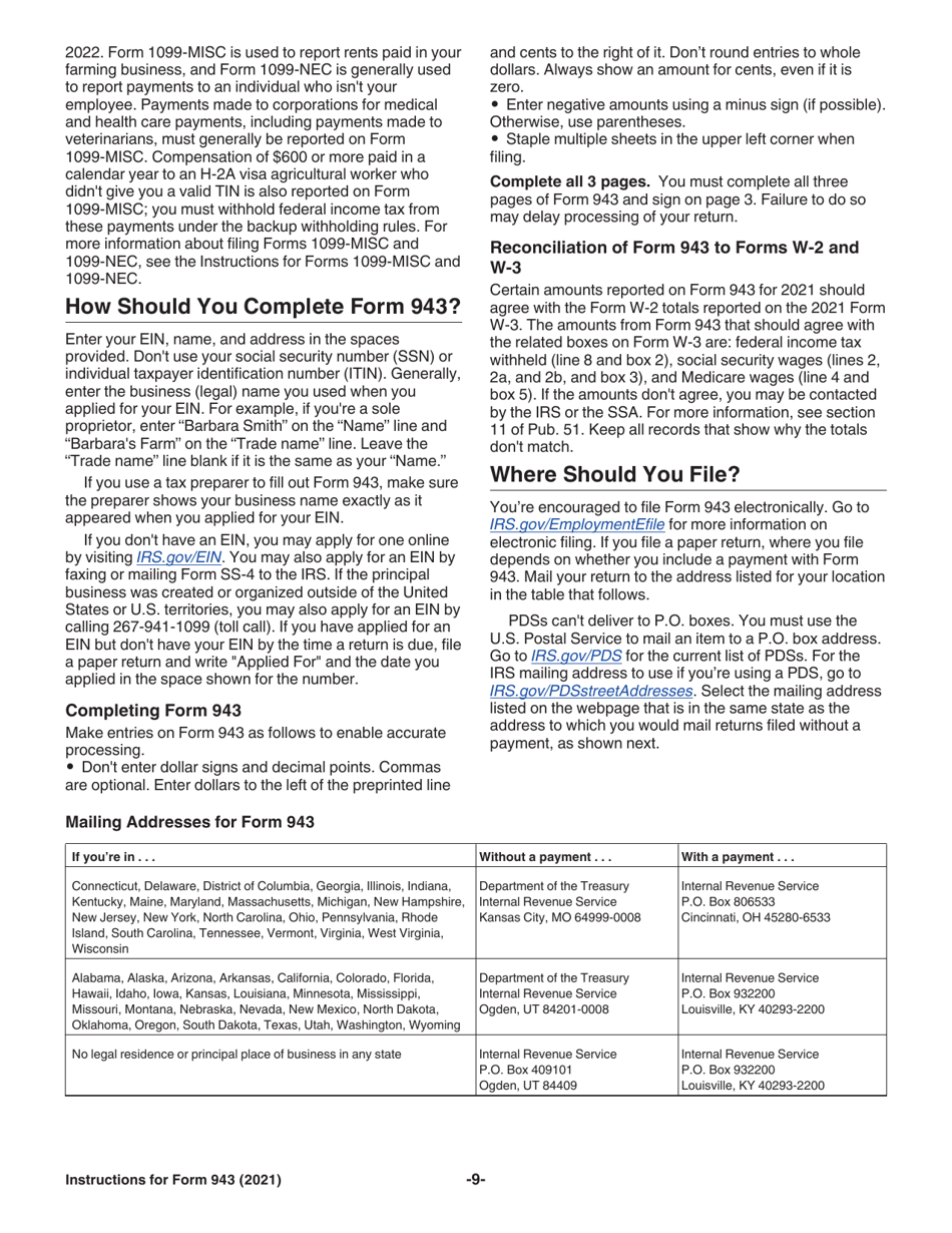 Instructions for IRS Form 943 Employers Annual Federal Tax Return for Agricultural Employees, Page 9