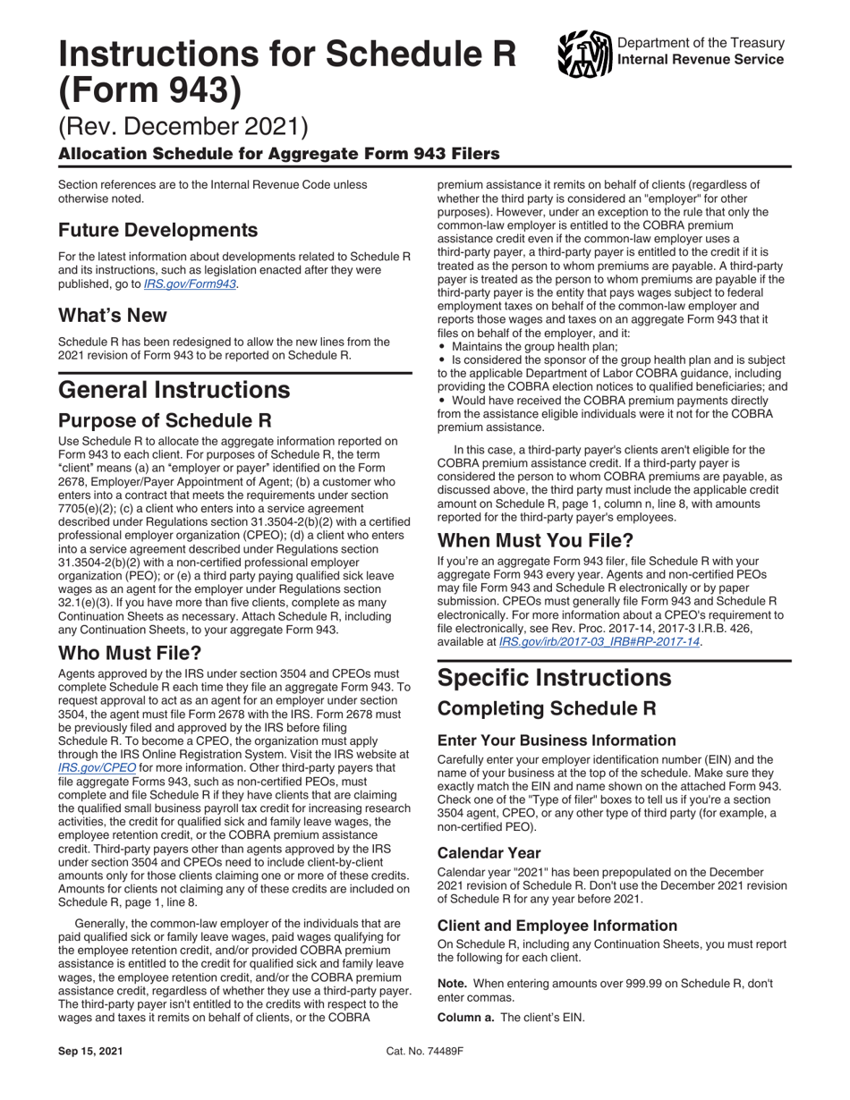 Instructions for IRS Form 943 Schedule R Allocation Schedule for Aggregate Form 943 Filers, Page 1