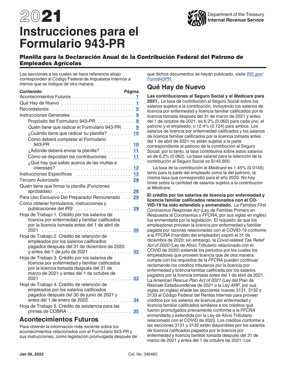 Instrucciones para IRS Formulario 943-PR Planilla Para La Declaracion Anual De La Contribucion Federal Del Patrono De Empleados Agricolas (Puerto Rican Spanish), Page 1